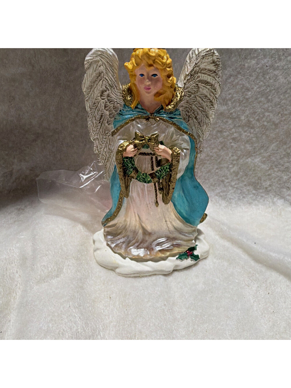 Ceramic Angel Figural Tea Light Candle Holder White Blue Gold Painted 3D